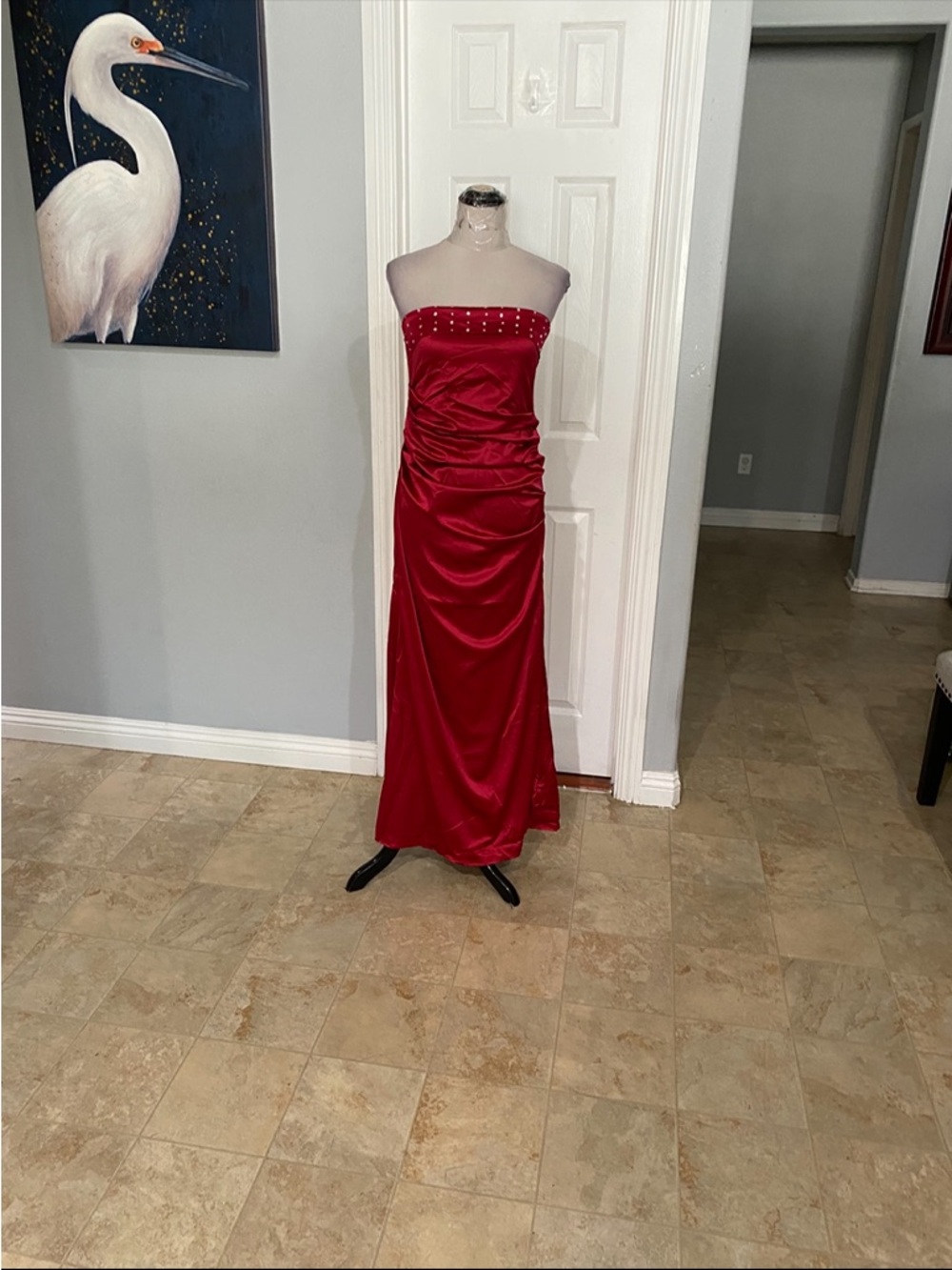 New Women Large Red strapless satin gown featuring ruched detailing with beads